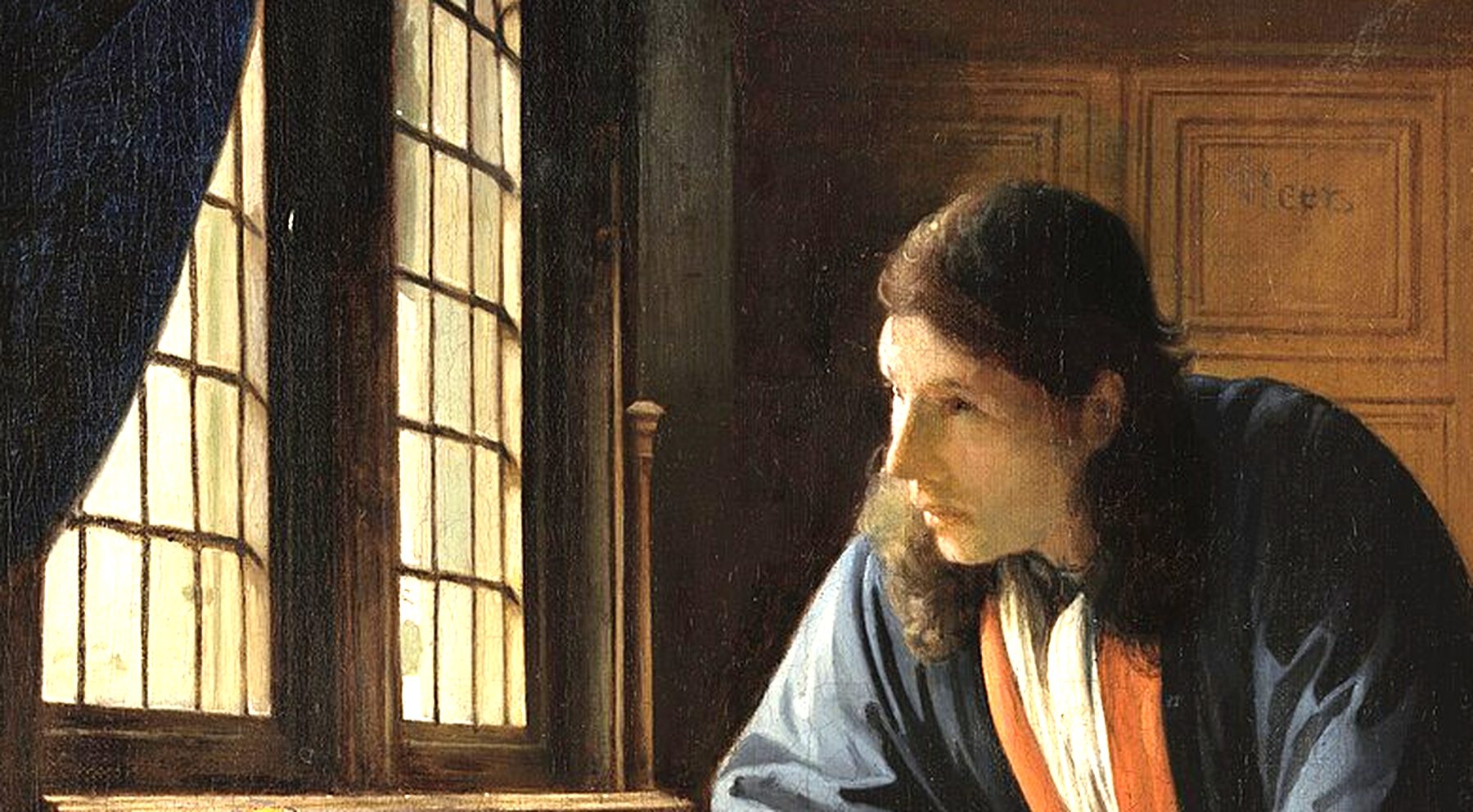 El geógrafo de Vermeer: un estudioso alza la vista de sus mapas, con el compás en la mano, hacia la luz de la ventana.